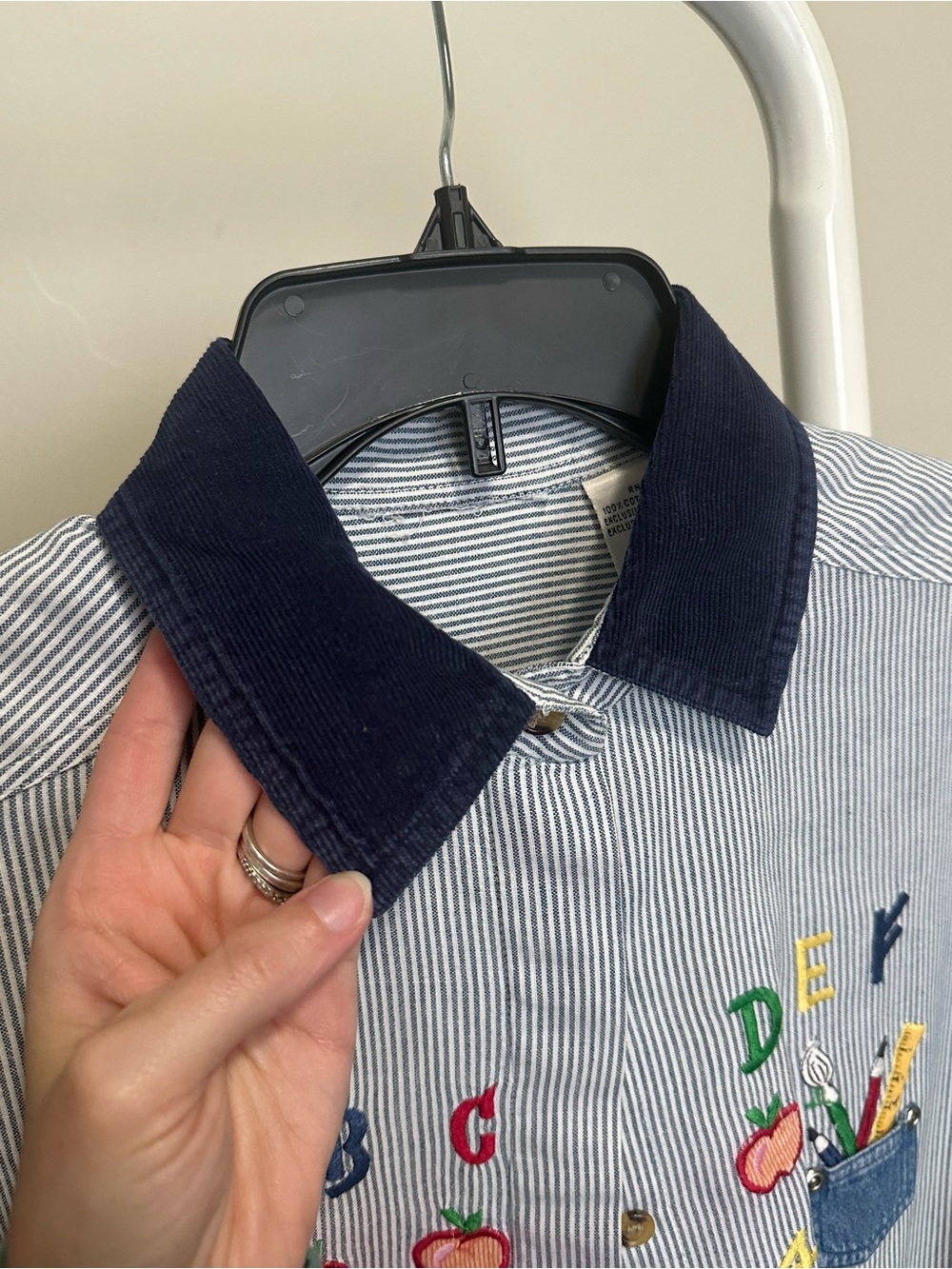 Vintage Blue and White Striped Button Down with Teacher School Themed Embroidery - Picture 3 of 9
